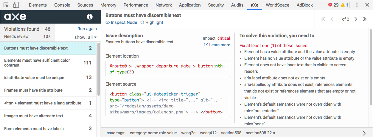 Chrome devtools with aXe Devtools