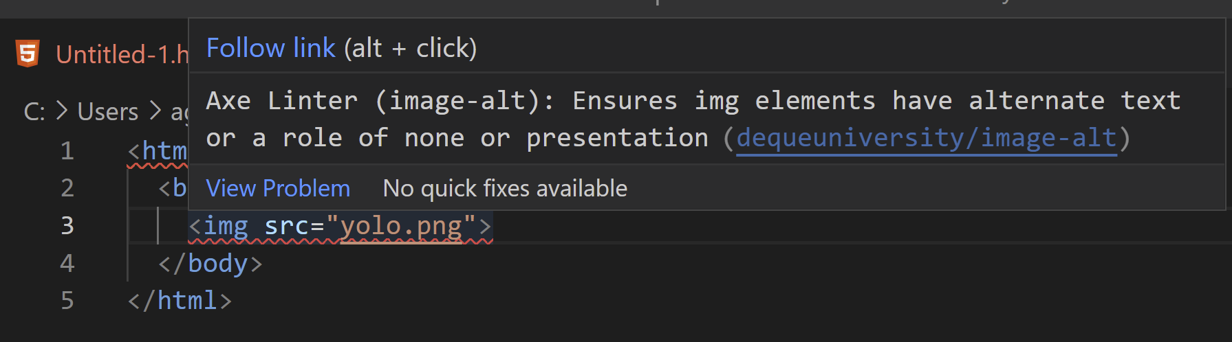 screenshot of axe Accessibility Linter yelling that an image needs an alt text